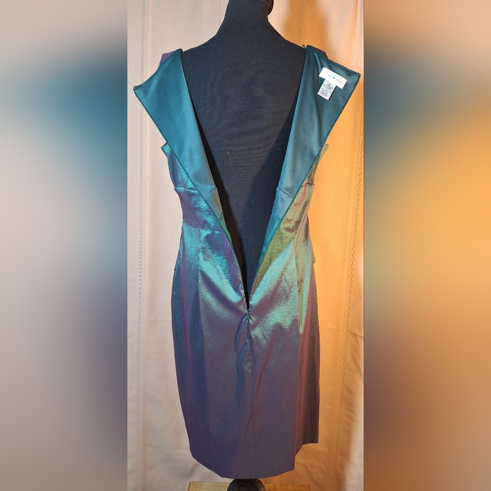 LONDON STYLE Asymmetrical Dress in Shimmering Color Changing Green and Purple - Picture 6 of 7